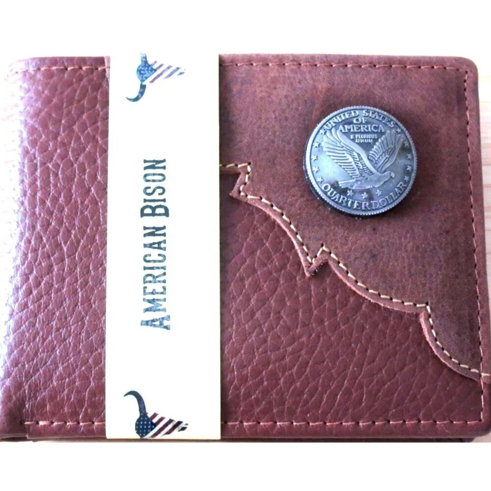 American Bison Men's Eagle Medallion Bifold Rodeo Brown Leather Wallet NEW